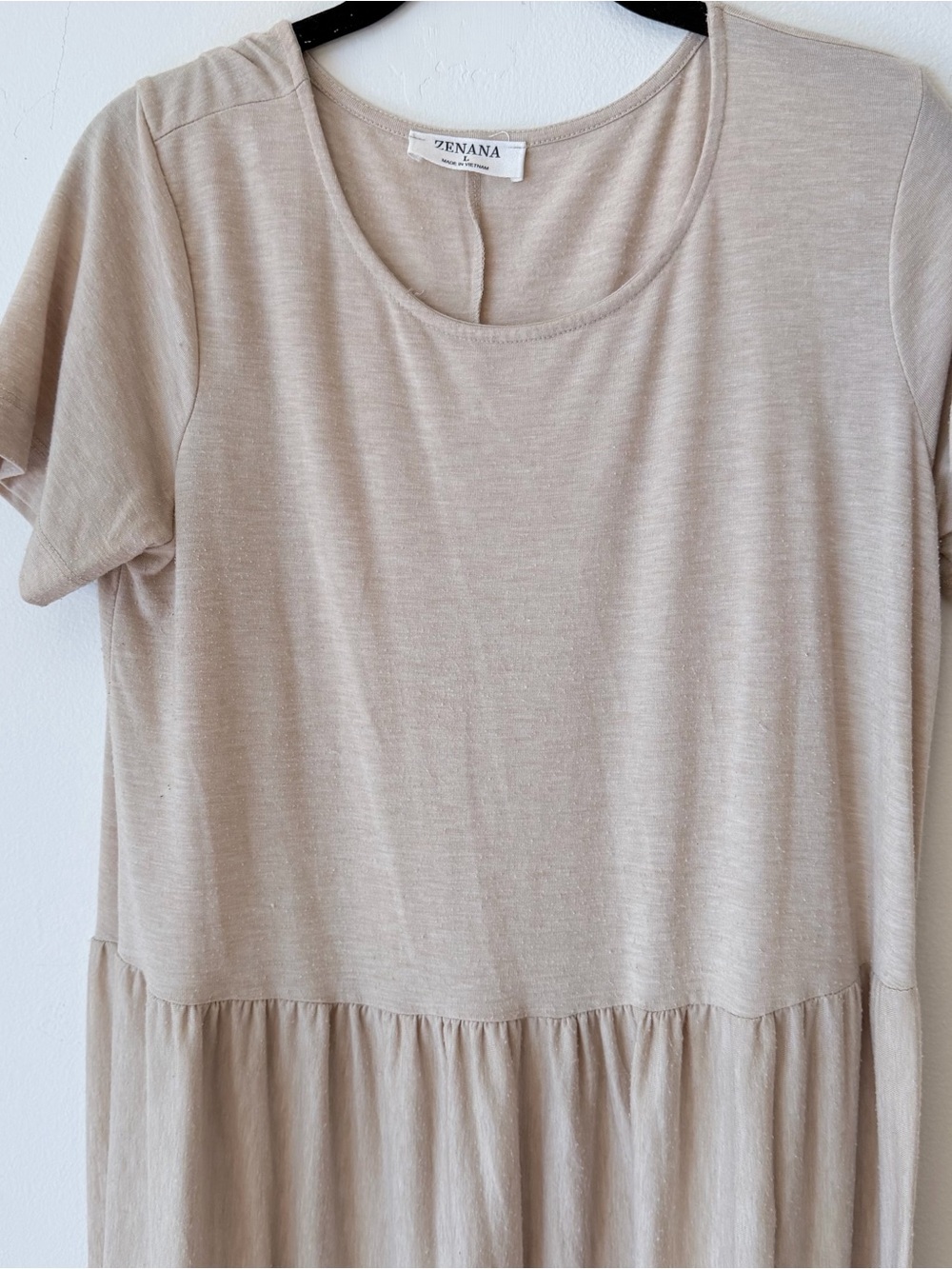 L beige Zenana Outfitters Beige Tiered Short-Sleeve Maxi Dress - Picture 3 of 8
